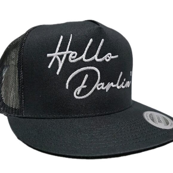 Hello Darlin Mesh Snapback Direct Embroidered Trucker Hat Cap Black - Picture 2 of 4